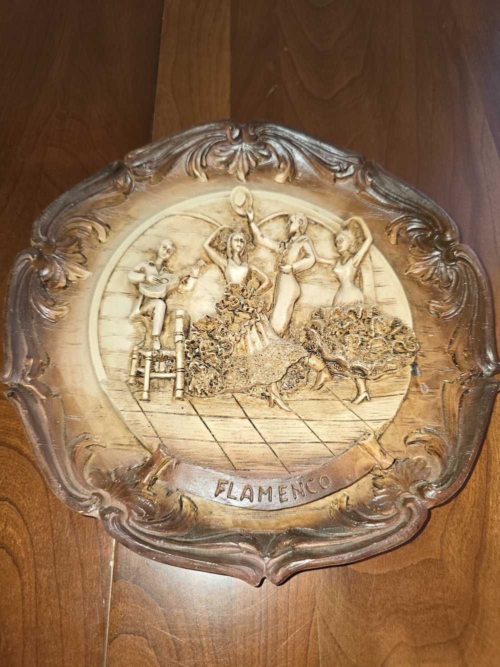 Handcrafted Flamenco💃 Relief Wall Plaque in Warm Brown and Gold Carved Wood, 9"
